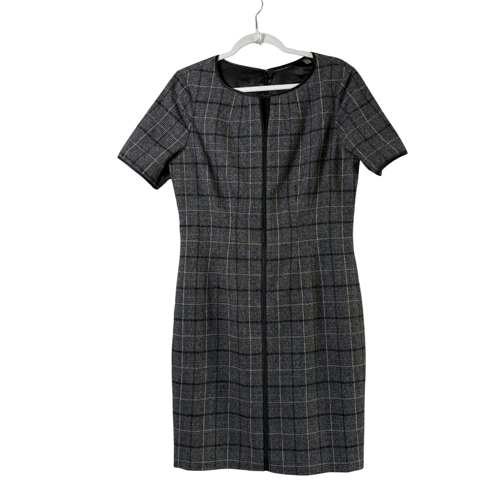 Tahari Sheath Dress Womens 12‎ Grey Plaid Faux Leather Trim Short Sleeve Office